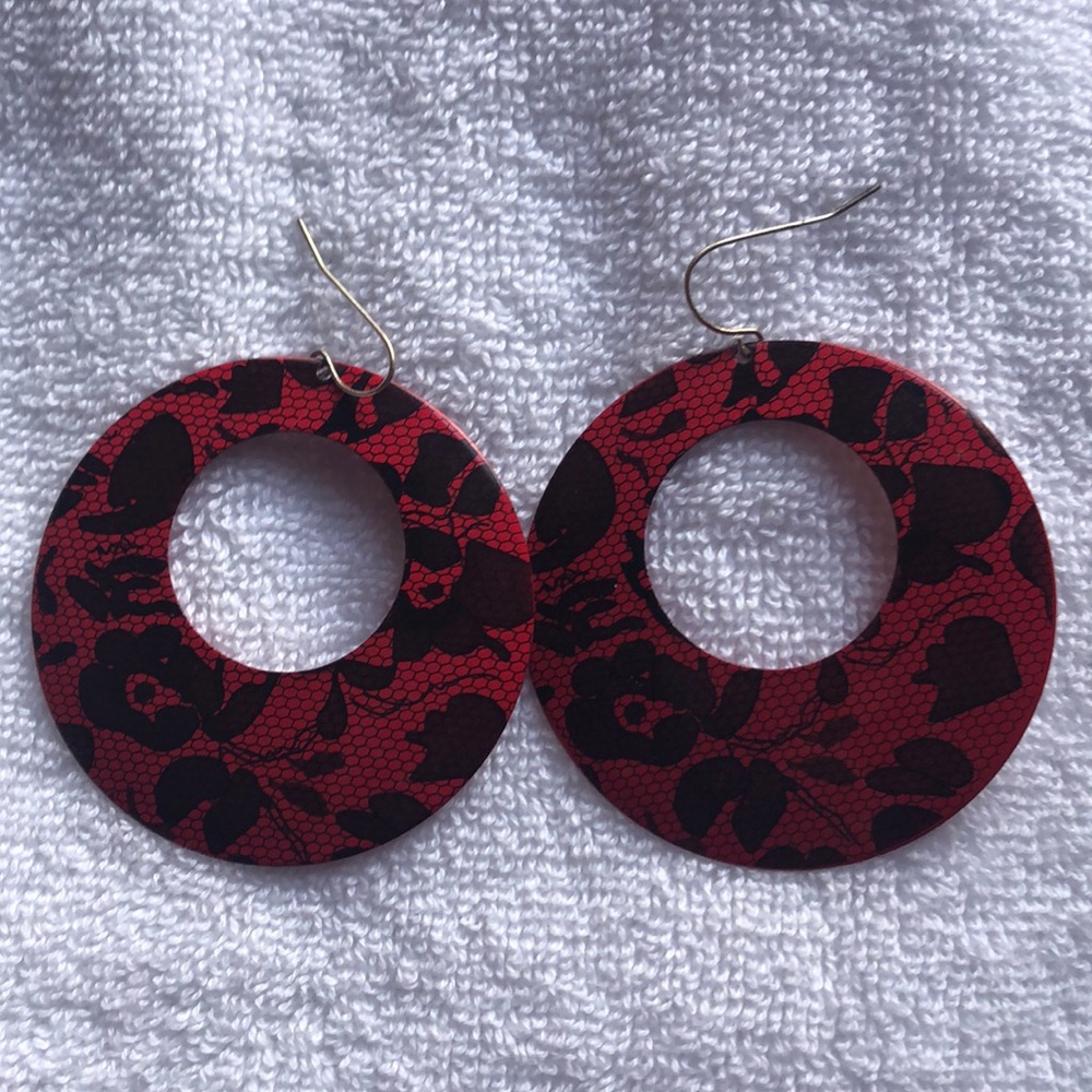 Red and black floral metal hoop earrings